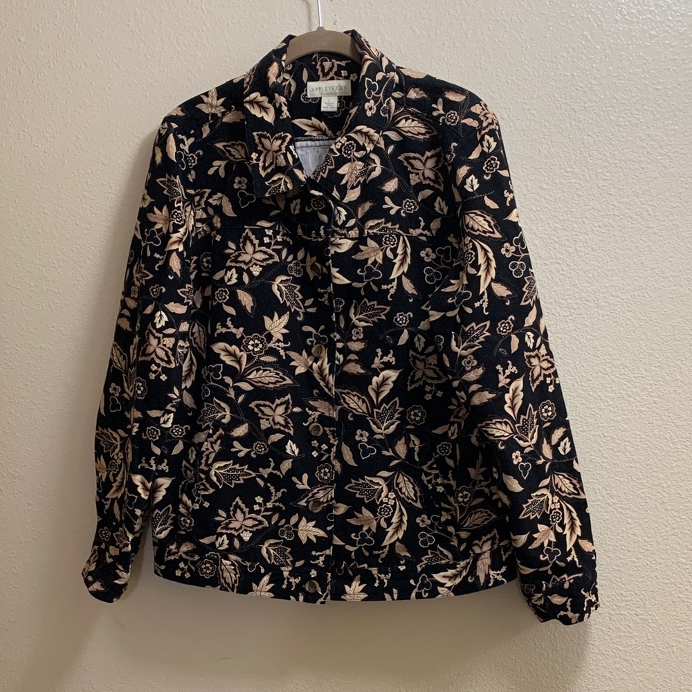 APPLESEED’S Autumn Leaves Large Denim Jacket Coat Boho Brown Tan Pockets    V